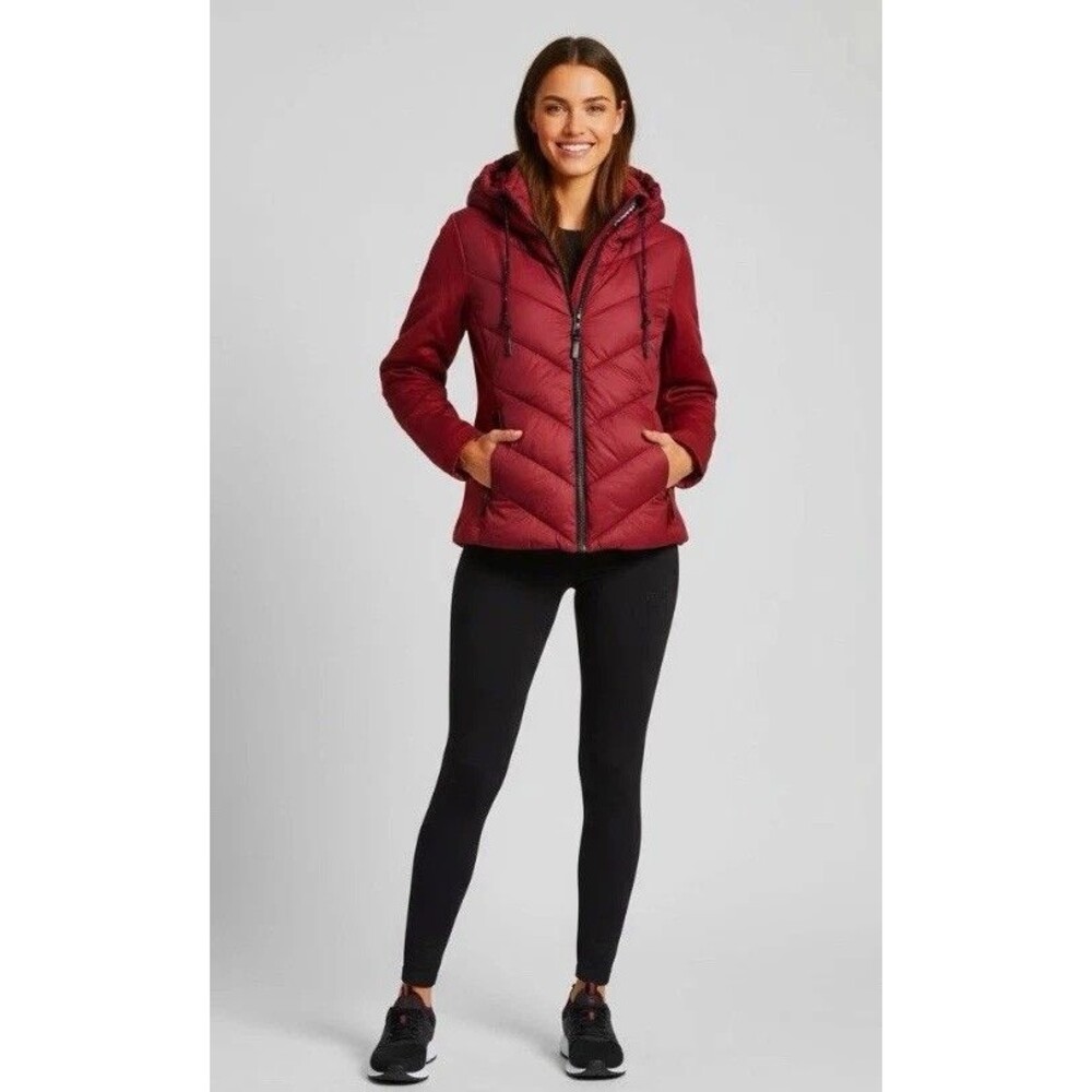 DKNY Mixed Media Puffer Jacket Scuba Sleeves Women's Large Maroon Red